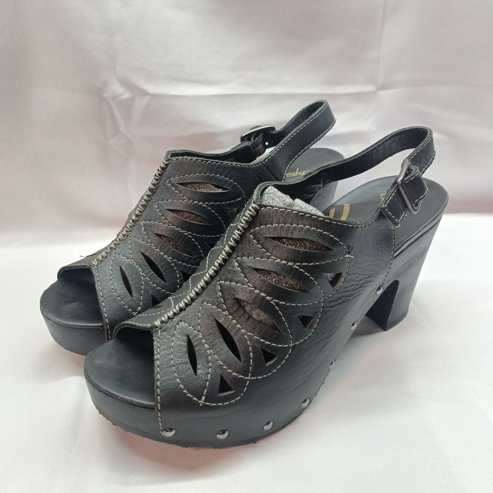 Dansko Rowena Open Toe Wooden Heel Sandal Black Leather Clog Womens EU 38 US 7.5